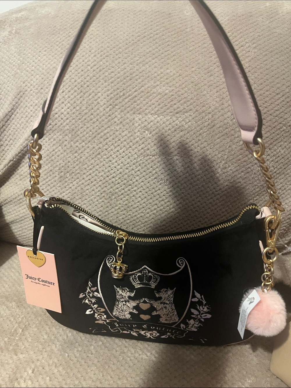 Juicy Couture Black Velvet Shoulder Bag with Pink Strap and Pom